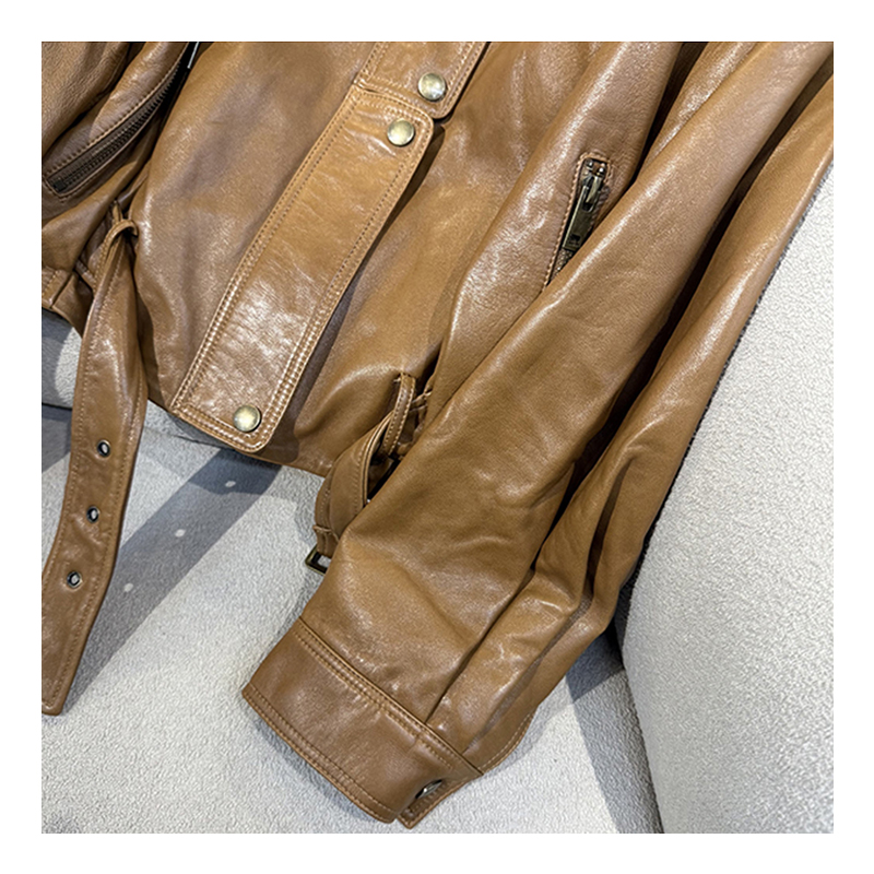 Spring new Hong Kong style locomotive leather windbreaker, genuine leather sheepskin fashionable lace up mid length leather suit top
