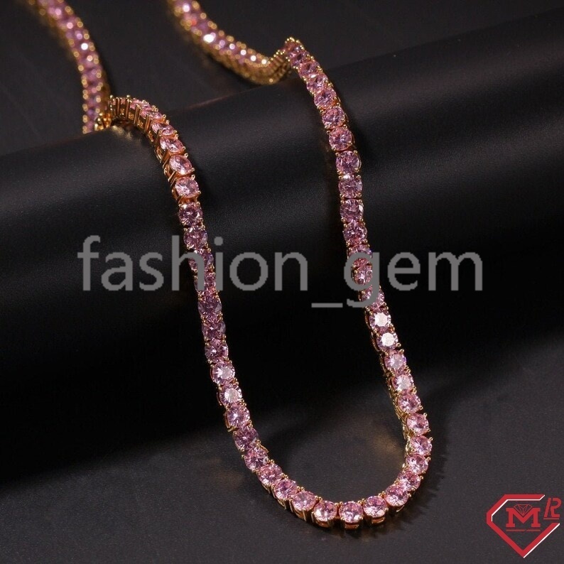 4MM Tennis Chain Necklace Pink Stone 925 Silver Pass Diamond Tester Moissanite Tennis Chain
