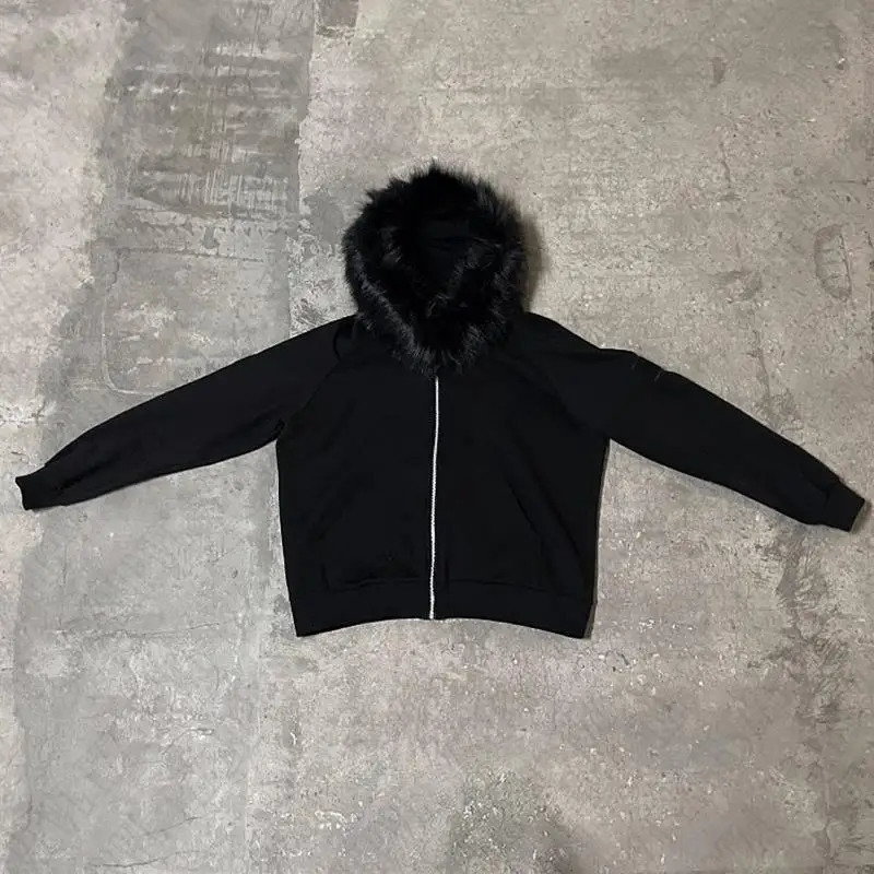 Y2K Zip up hoodie Faux Fur Collar Harajuku Rock Goth Top Retro Punk Loose Jacket Hip Hop Streetwear Zipper Hoodie sweatshirt EMO 250617