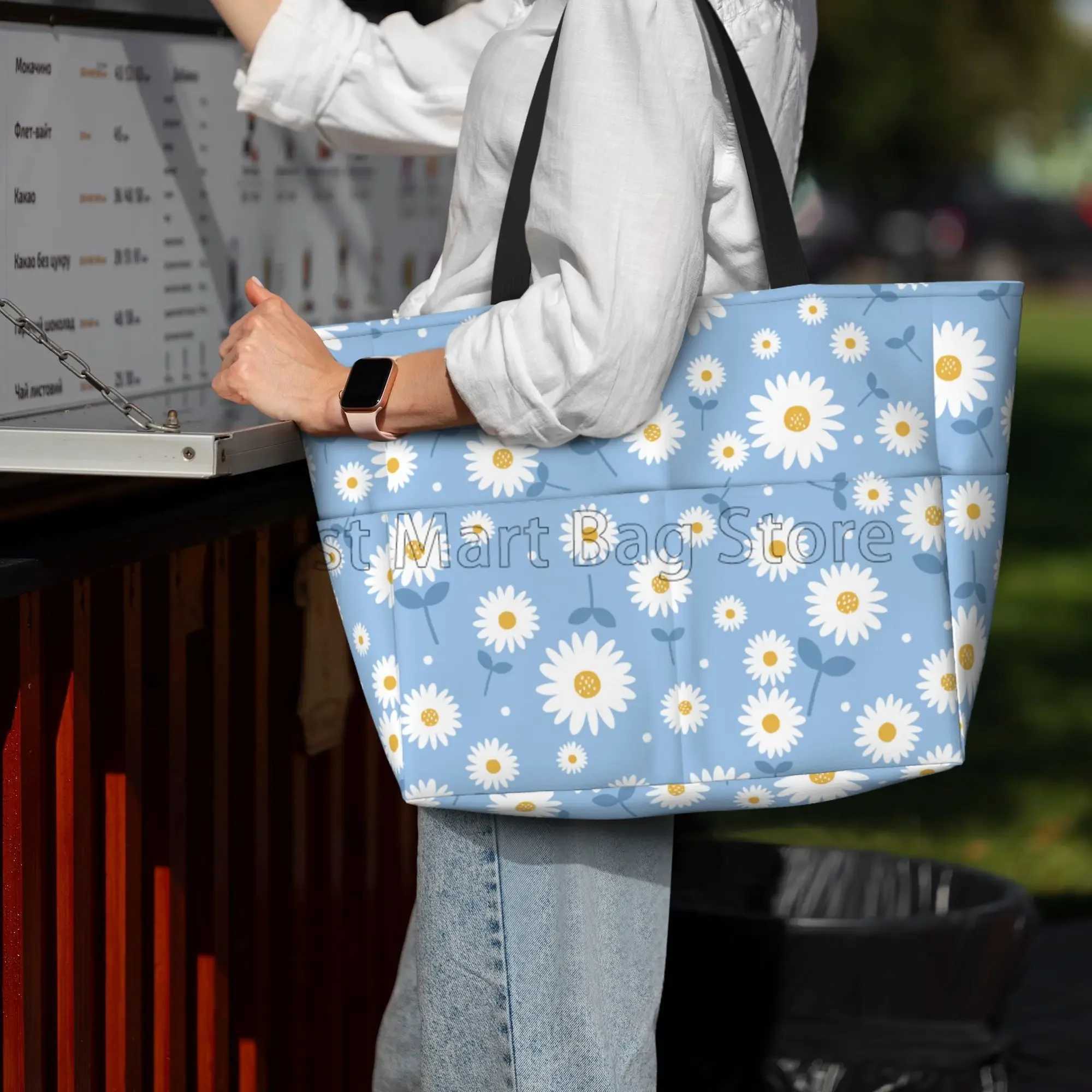 Daisy Floral Large Beach Tote Bag Waterproof Sandproof Zipper Beach Tote Bags for Pool Swim Gym Grocery Travel B250618