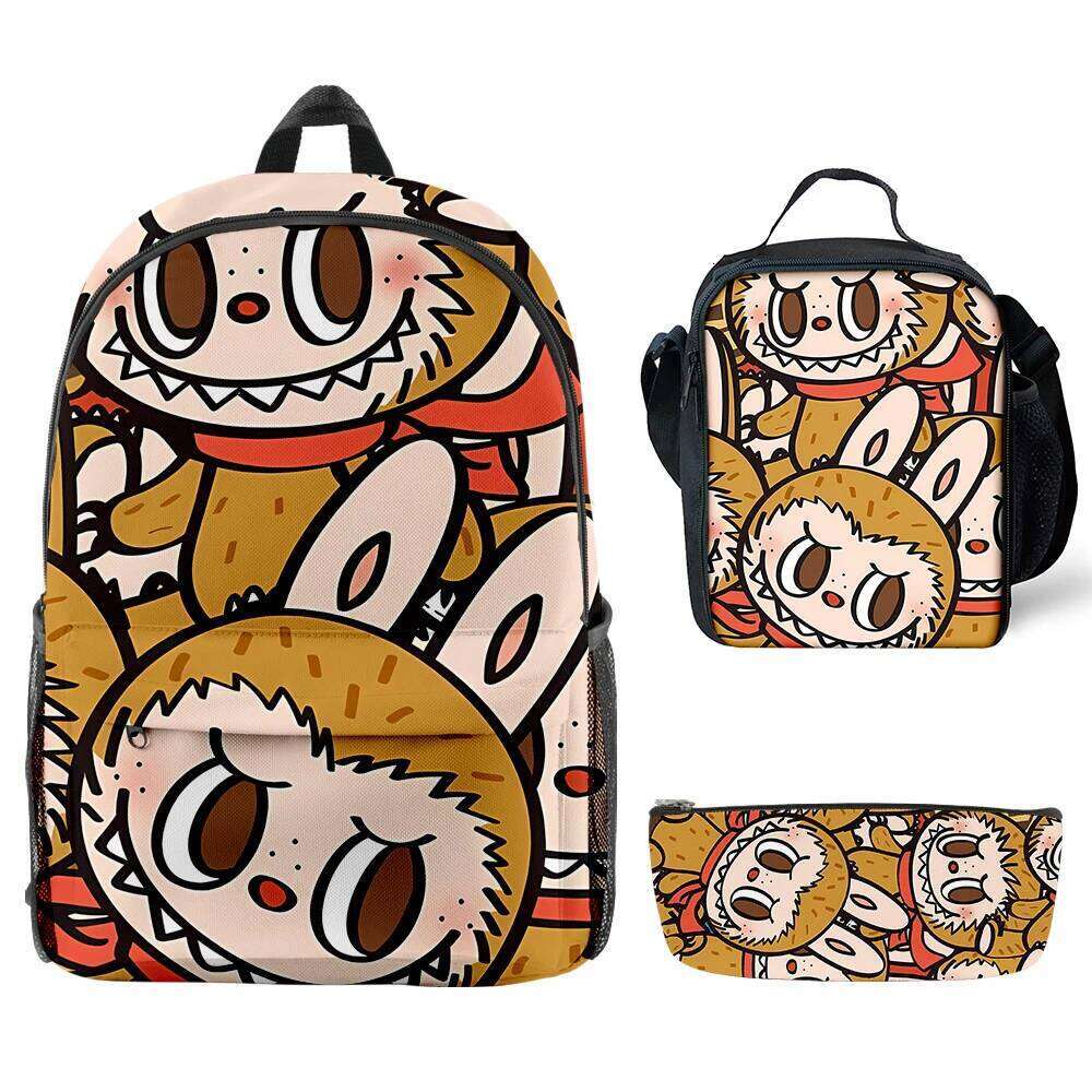 Novelty Cool Labubu 3D Print 3Pcs/Set Student School Bags Laptop Daypack Backpack Crossbody Lunch Bag Pencil Case
