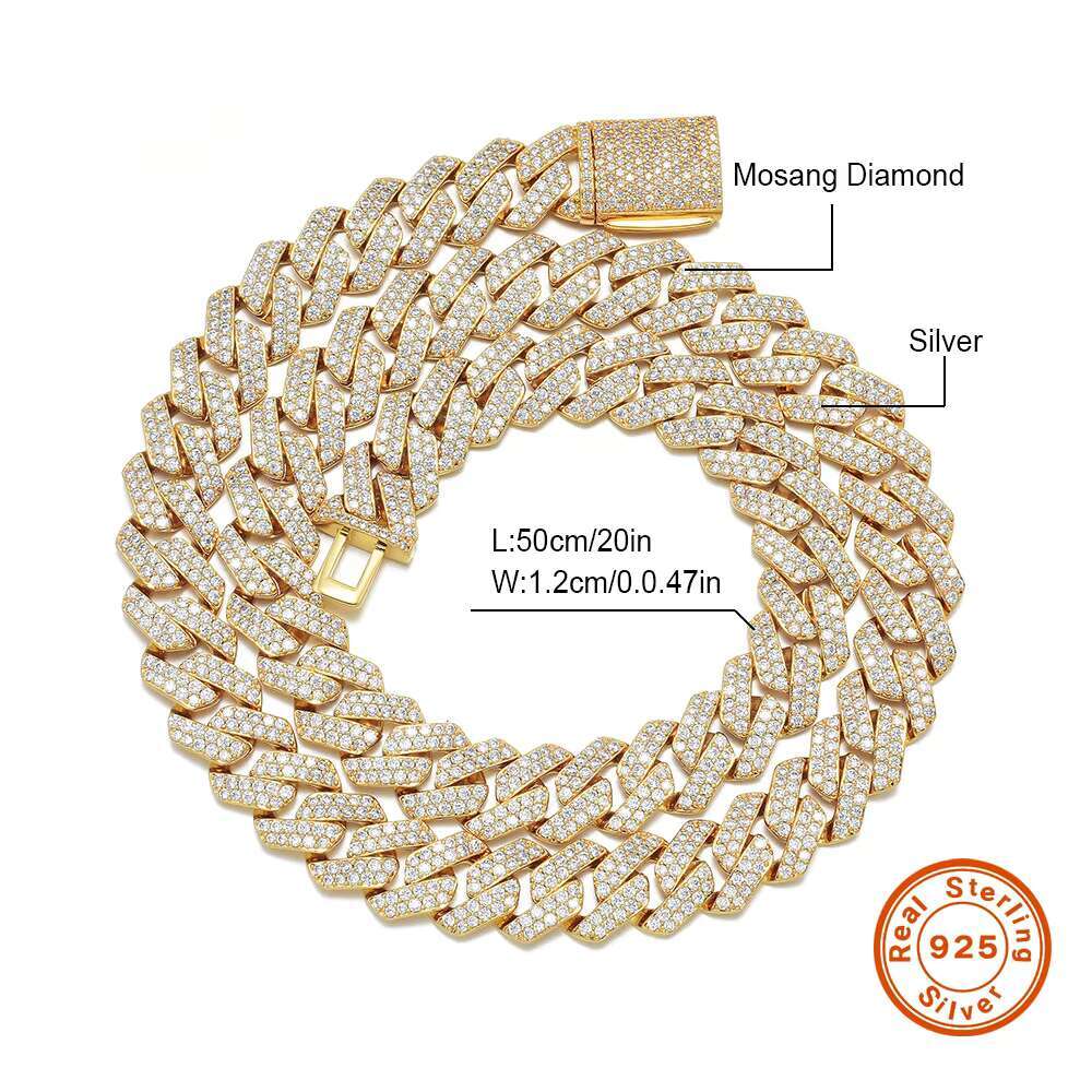 High Quality Luxurious 12mm Diamond-Shaped Cuban Chain Necklace with Silver Moissanite Box Clasp Wholesale
