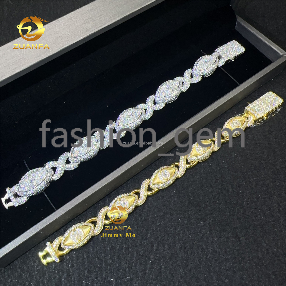 Wholesale Price 10mm 13mm Silver Real Gold Plated Hip Hop Jewelry Iced Out Moissanite Diamond Evil Eyes Infinity Cuban Bracelet