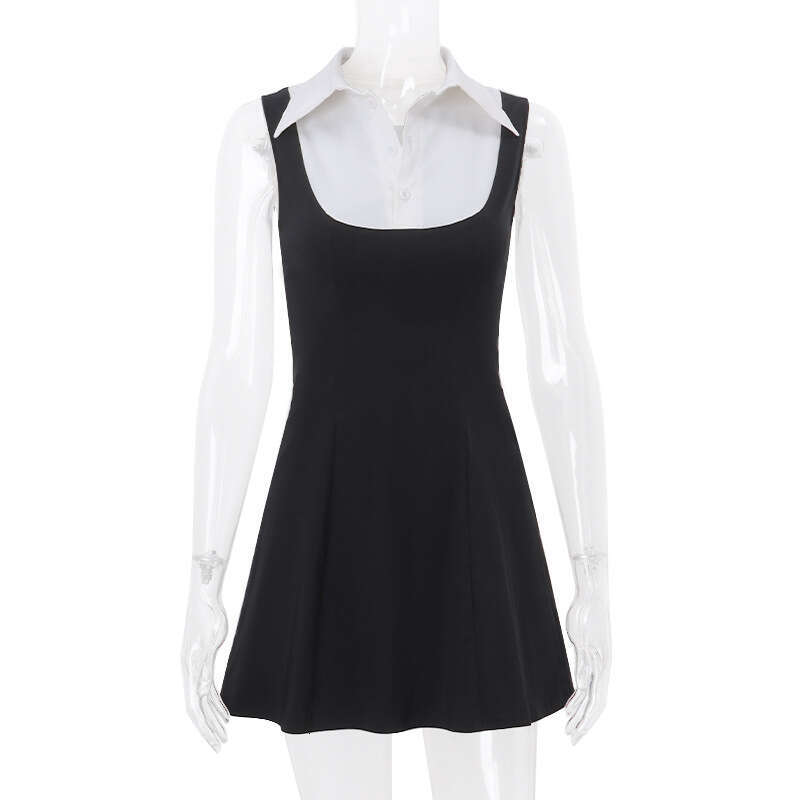Ins Spring Summer New Sweet Shirt Collar Patchwork Color Block Slim Fit Sleeveless Dress For Women B5