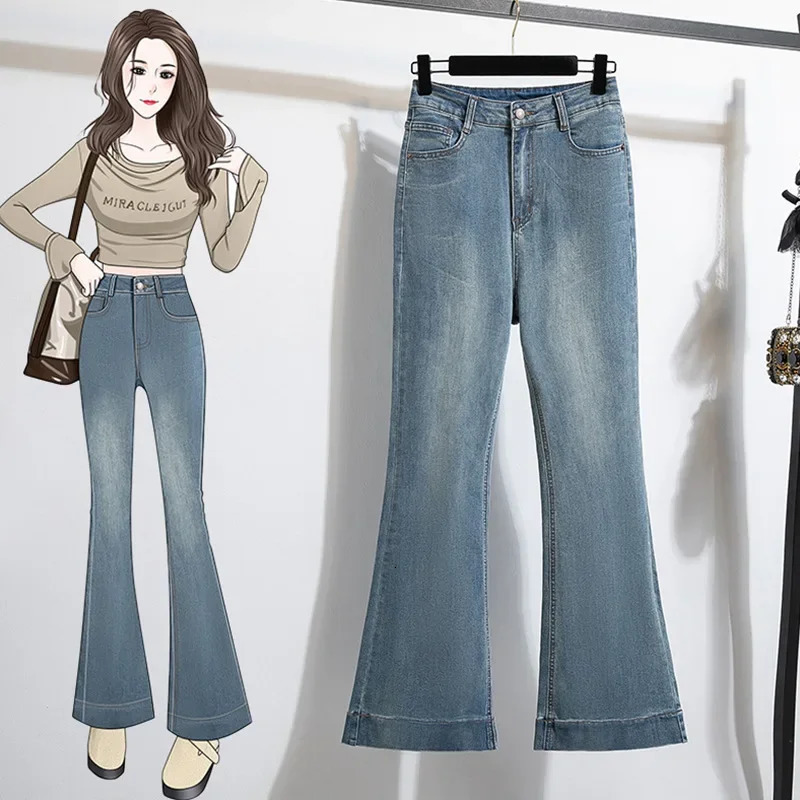 Plus Size High Waist Bell Bottom Jeans Womens Elastic Slim Fit Ice Green Horse Hoof Pants Spring Autumn Fashion plus Size Tr 250609
