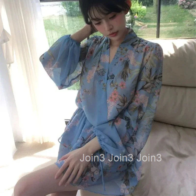 Female Dress New In Floral Chiffon Loose On Promotion Elastic Y2k One-piece Casual Youth Aesthetic G Womens Long Sleeve Dresses
