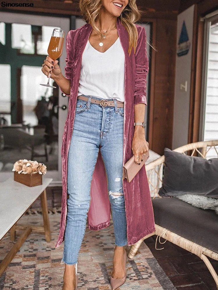 Women Solid Long Sleeve Velvet Jacket Lapel Collar Open Front Long Cardigan Coat With Pockets Fall Fashion Outerwear Maxi Duster 250617