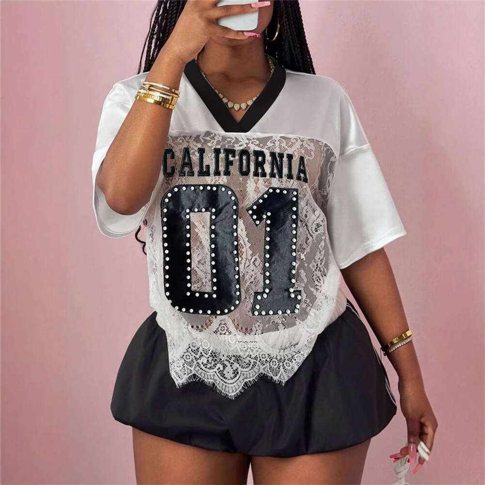 Summer New Women's Printed Loose Casual Street Style Sheer Sexy Lace Patchwork Top B5