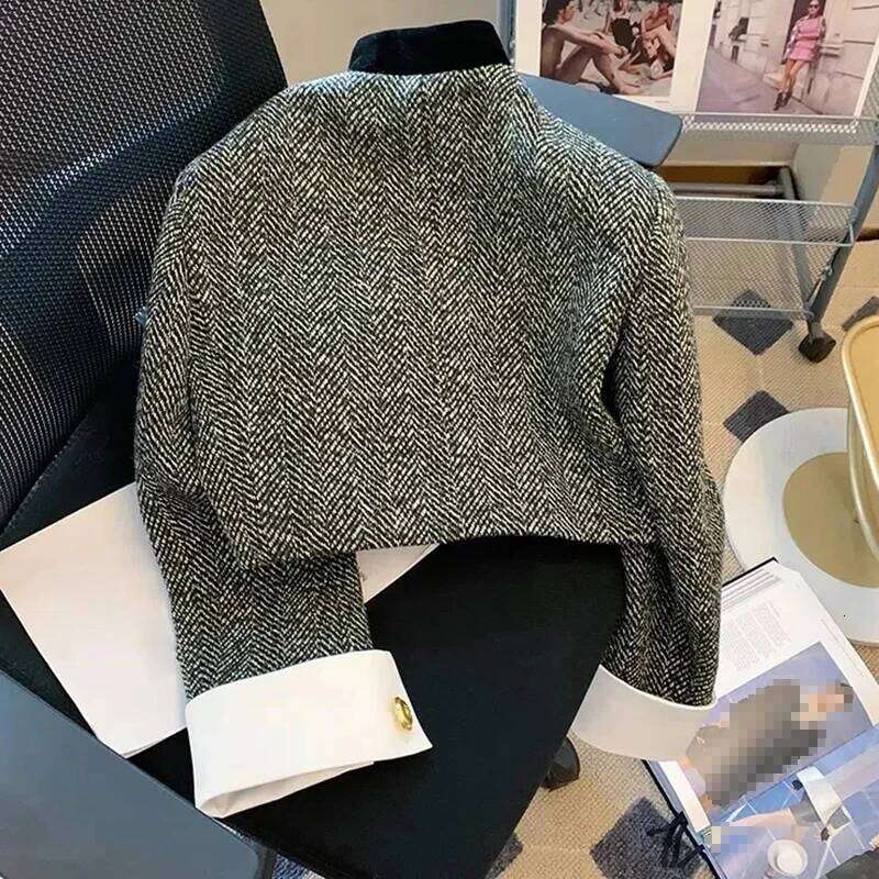 Biyaby Metal Button Stand Collar Jackets for Women Korean Style Pockets Plaid Coat Woman Spring Long Sleeve Cropped Jacket
