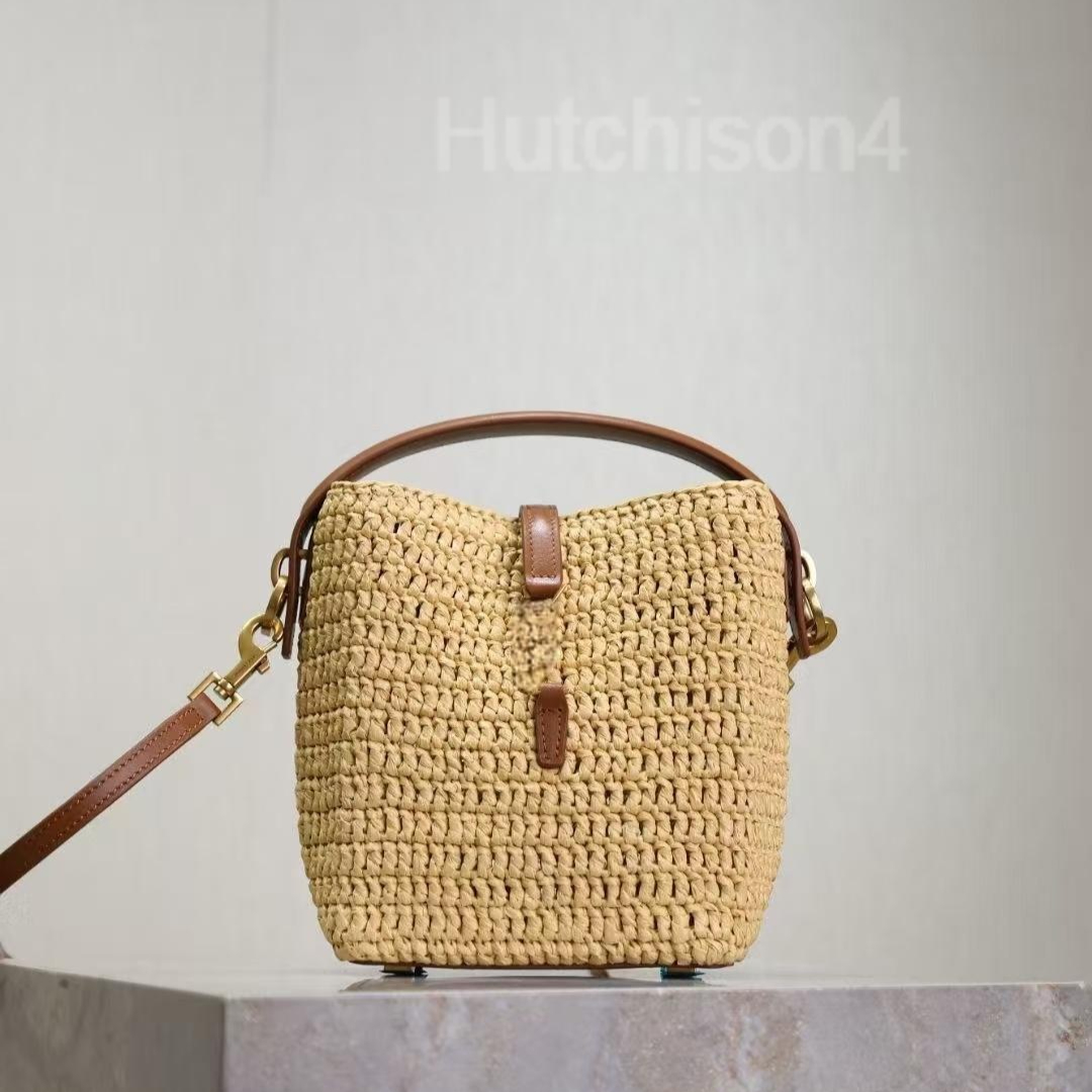 Apricot woven bucket bag with antique gold hook closure vegetable tanned leather panels Adjustable shoulder strap holiday bag