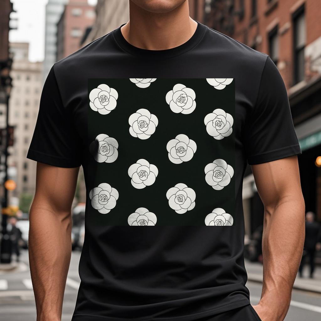 T-shirt with a pattern of white roses on the front Round collar T Shirts
