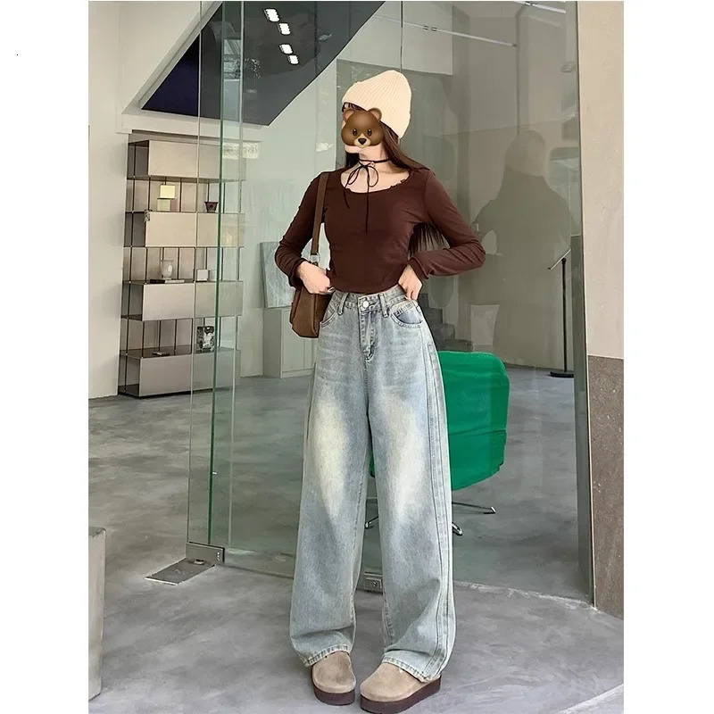 Plus Size Washed Wide Leg American High Street Jeans Womens Spring Autumn Casual Drape Loose Harajuku Straight Leg Pants 250609