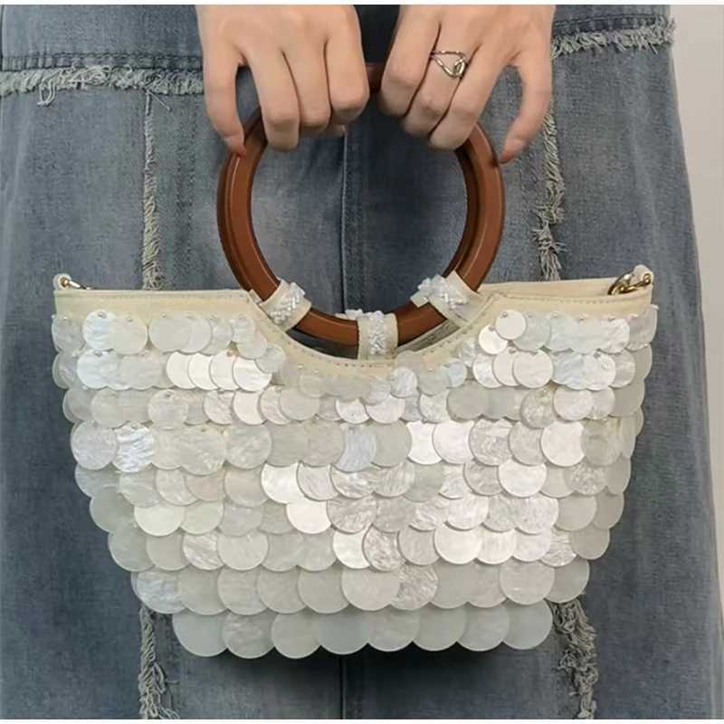 Handmade Pearlescent Shell Handbag Boho Half-moon-shaped Exquisite Purse With Chain Crossbody Bag Summer Round Handles Beach Bag Z250618