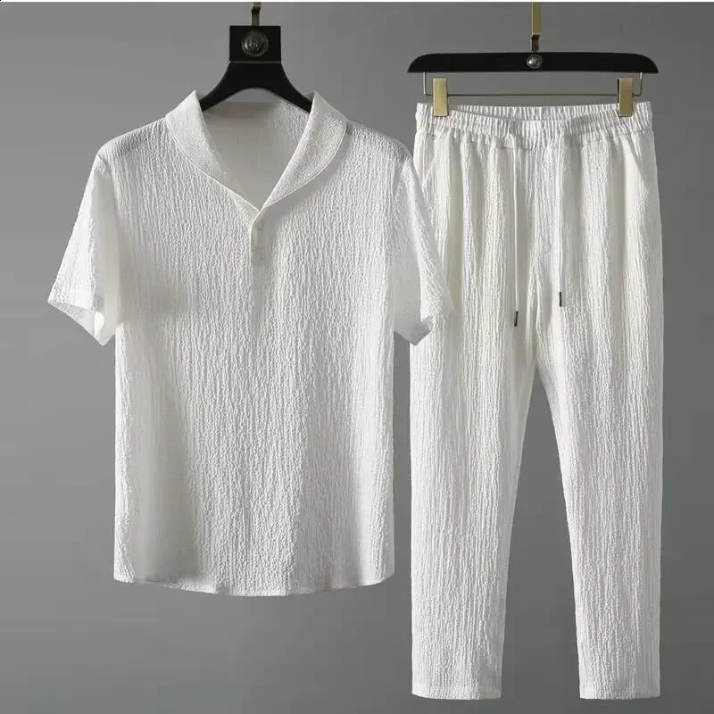 Summer Ultrathin Sleeveless Ice Silk Linen Suit Mens Cotton Set Oversized Loosefit Midsleeve Tshirt Sports Wear 250614