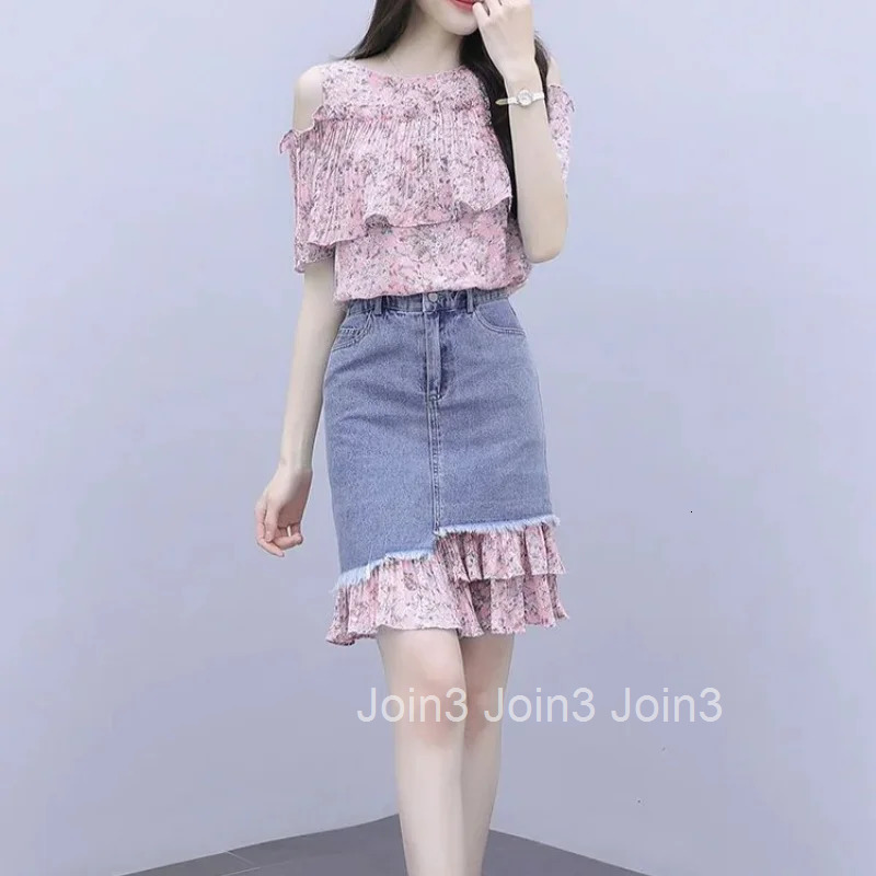 Short Sleeve Skirt Womens Two Piece Set Kawaii Female Outfits Printing Denim Chic and Elegant Jacket Full Summer Fashion 2025