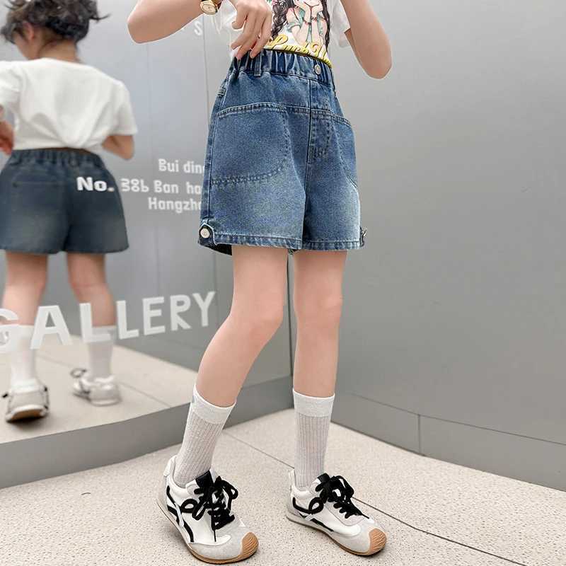 Girls one-line bag denim shorts 2025 new summer thin fashion jeans casual sports shorts 5-15 years oldC250617