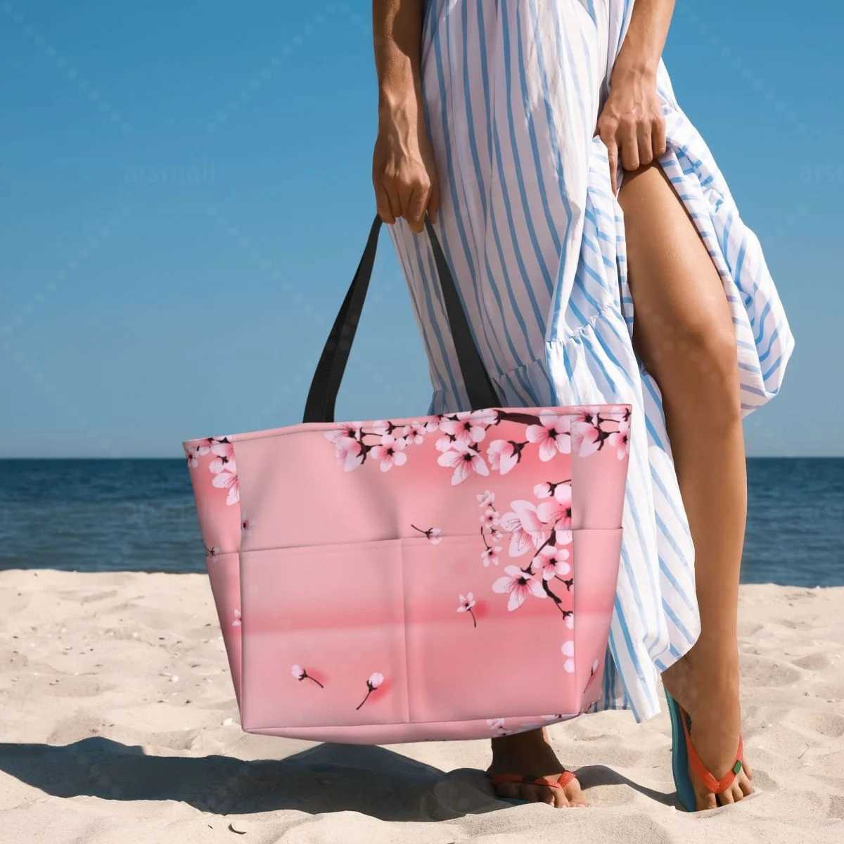 Japanese Sakura Branch Travel Tote Bag Large Sandproof Beach Bag with Zipper and Pockets for Wens Brother Gym and Travel B250618