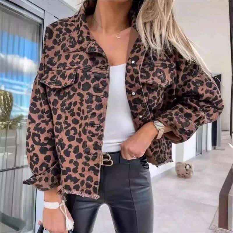 Vintage-Inspired Leopard Print Jean Jacket for Her: Modern Design, Casual Wearable Layering Top