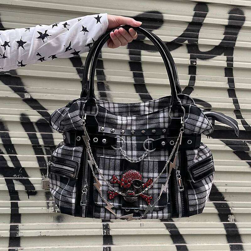 MBTI Plaid Y2k Womens Shoulder Canvas Punk Chains Fashion Tote Bag Aesthetic Haruku Style Casual Commuter Female Handbag