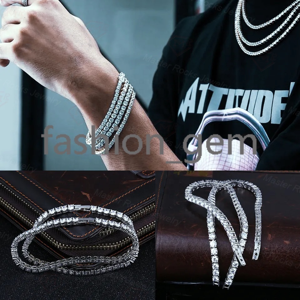 Hiphop Tennis Bracelet 4mm Women Men 925 Sterling Silver Iced Out VVS Moissanite Tennis Chain