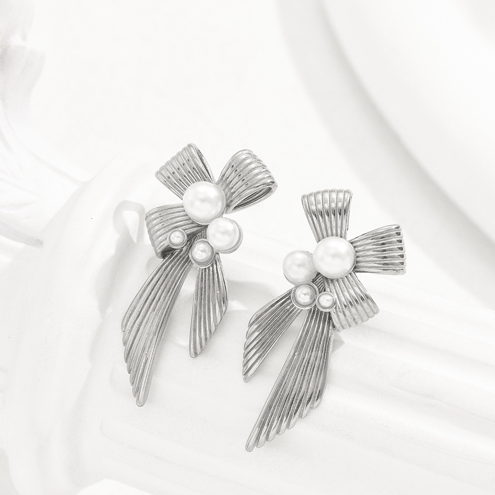 Unique Light Style Bowknot Simple Pearl Inlaid Texture Design Stud Earrings Elegant Ear Pendants