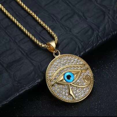 New Trendy 14k Gold Egypt Eye of Horus Pattern round Pendant Necklace with Moissanite for Mens Womens Wear