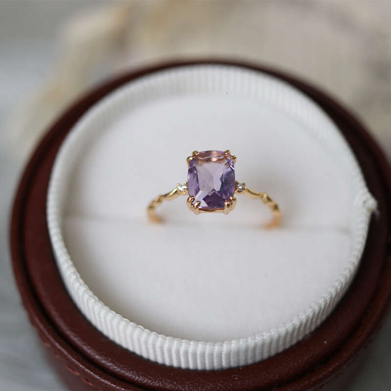 Amethyst Square Cut Shiny Imitation Zircon Wave Light Luxury Versatile Ring Trendy Gentle Women
