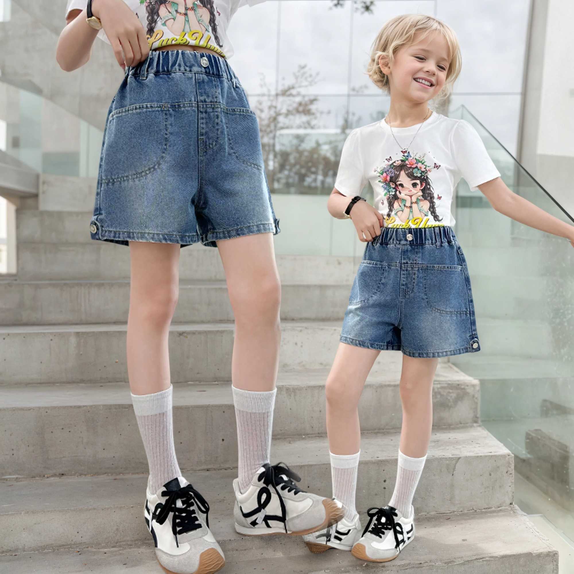 Girls one-line bag denim shorts 2025 new summer thin fashion jeans casual sports shorts 5-15 years oldC250617