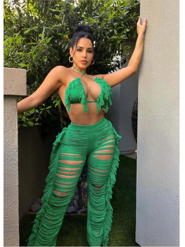 Sexy Women Knitted Set Two Piece Halter Backless Bra Crop Top Pants Crocheted 2 Pieces Hollow Out Crochet Beach Set 250617