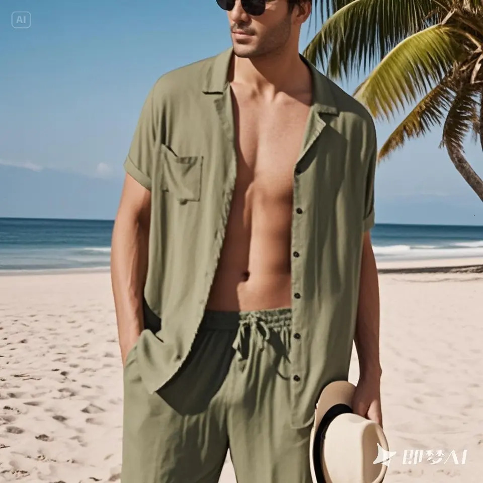Summer Cotton and Linen Two Button Large Size Solid Color Mens T-shirt Mens Short Sleeve Shorts Set Two-piece Set 250617