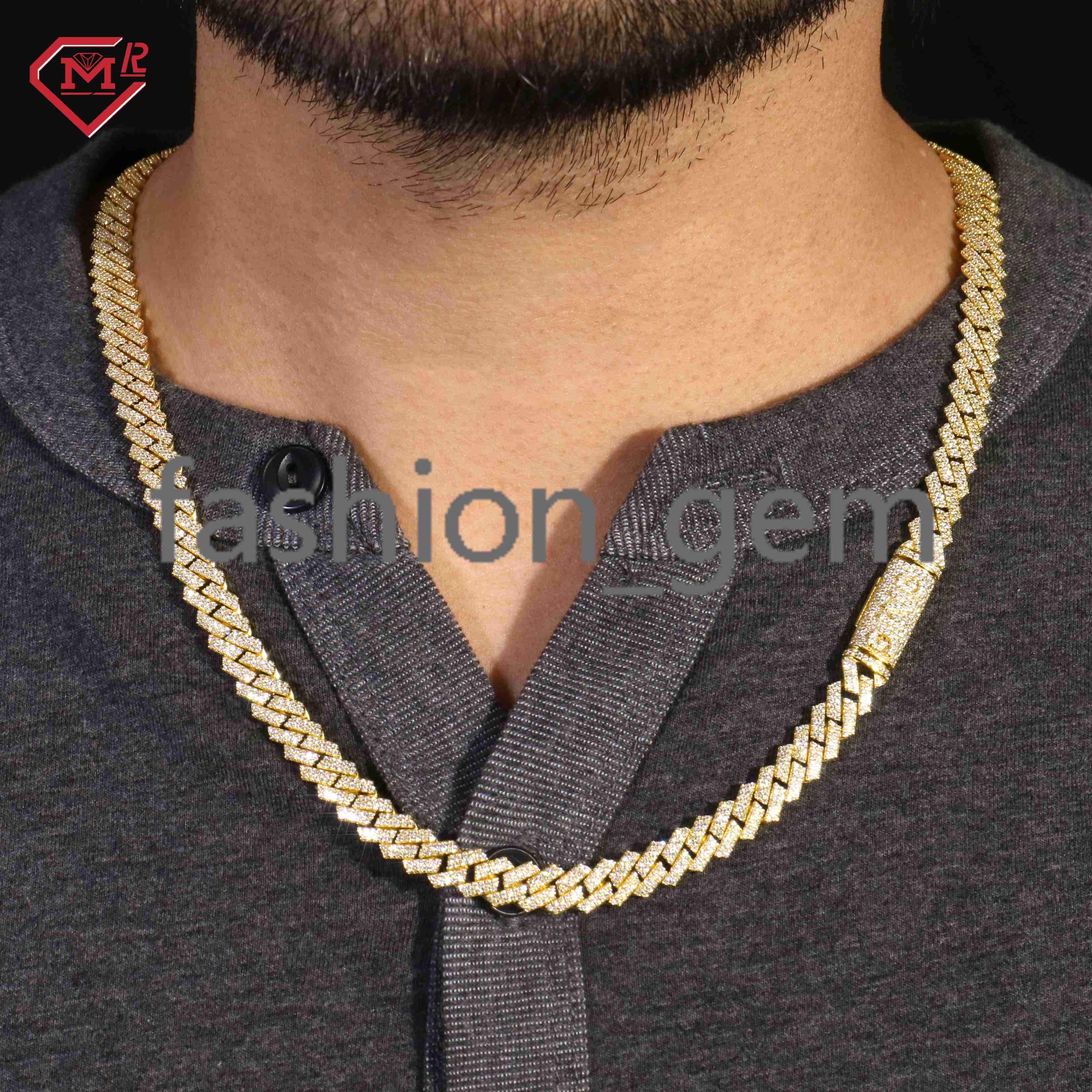 Custom Moissanite Cuban Chain 2 Row 10K Gold Iced Out Hip Hop Moissanite Cuban Link Chain