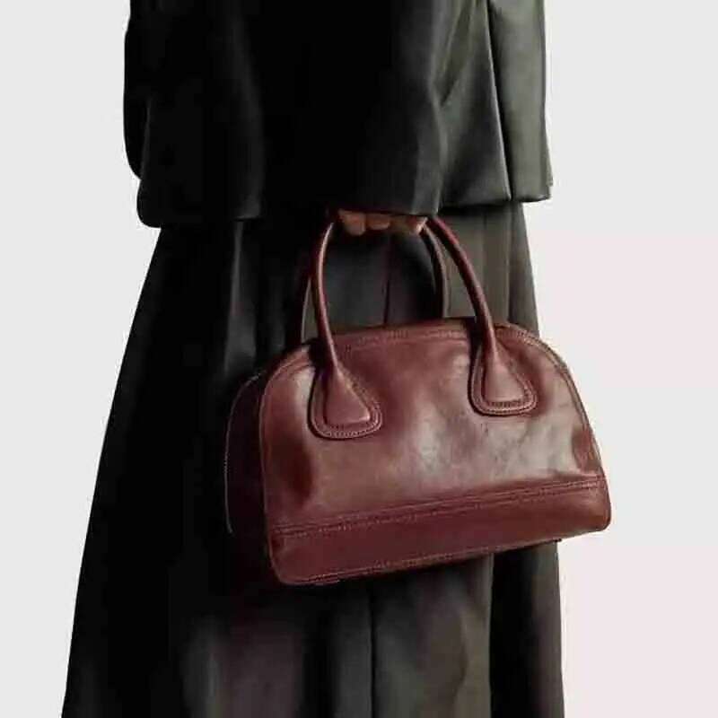 Women's Genuine Leather Vintage Zipper Handbag Small Size Tote Real Cowhide Singel Shoulder Bags P