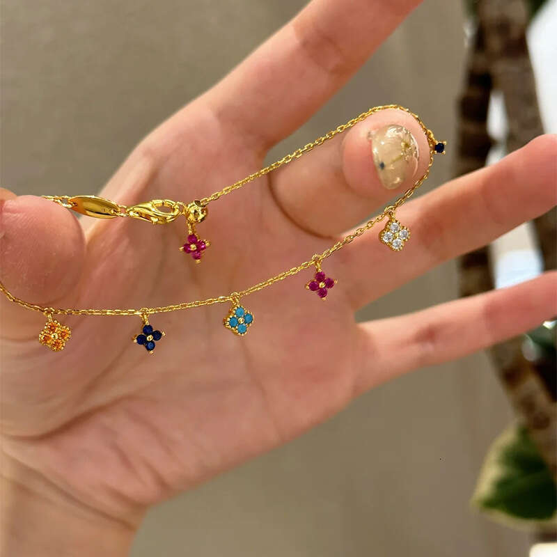 Luxury Jewelry Designer Bracelet S925 Pure Silver Lucky Four Leaf Flower Mini Four Leaf Flower Colorful Bracelet Versatile Summer Style Bracelet