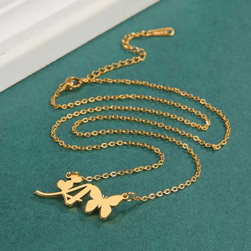 New Fashion 26 Initials Letter Pendant Butterfly Necklace for Women Elegant Stainless Steel Gold Color Necklace Jewelry Gift W250618