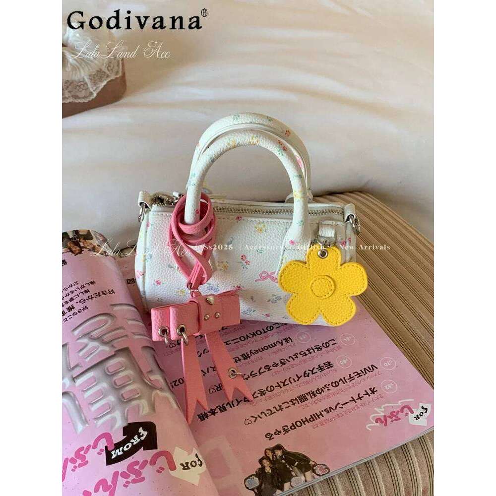 Japanese Original Ins Wind Floral Boston Bag 2025 Summer New Bow Cute Versatile Commuter Sweet Lady Refreshing Messenger Handbag
