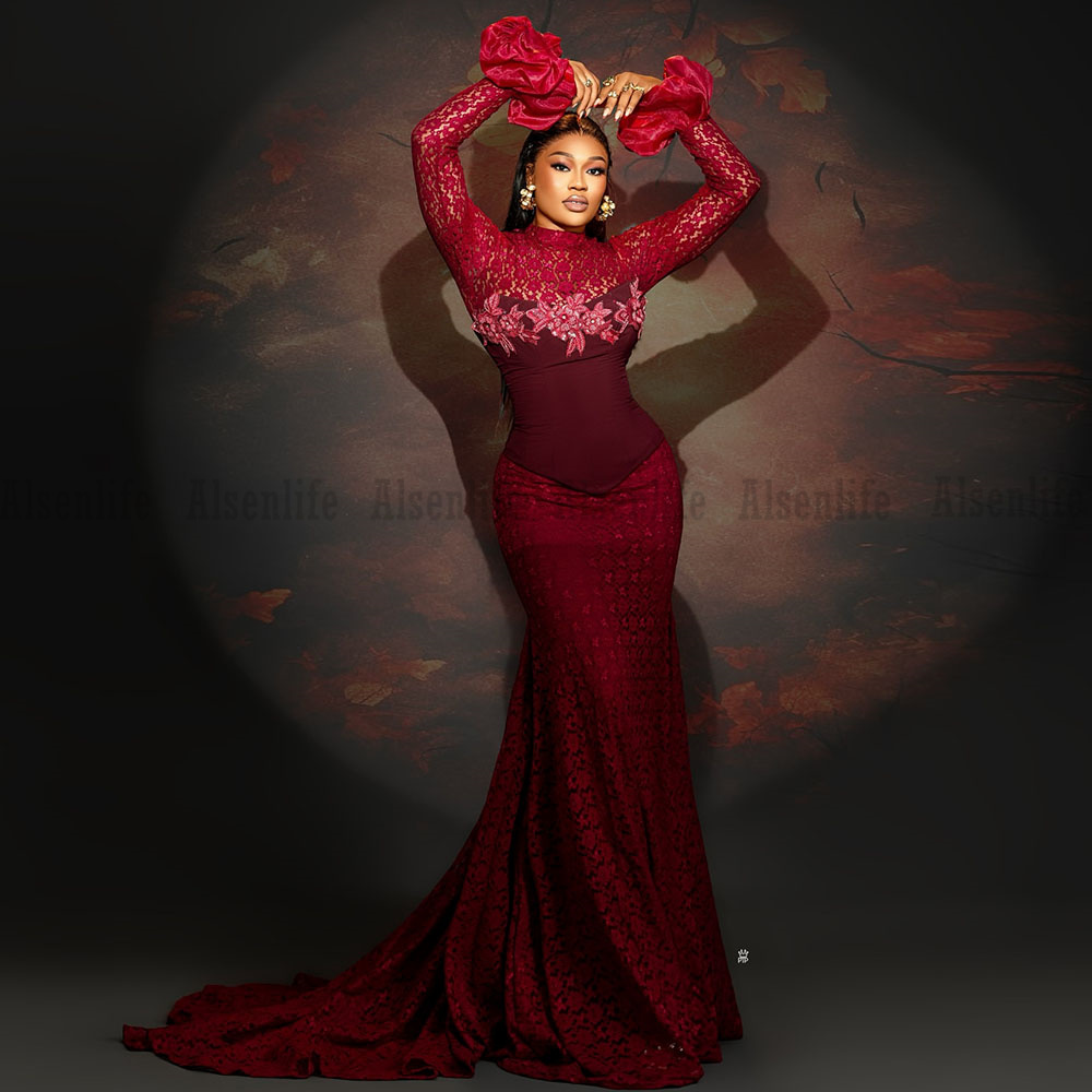 Red Evening Dresses Long Sleeves Lace African Mermaid Party Dress Occasion Prom Dress Customized