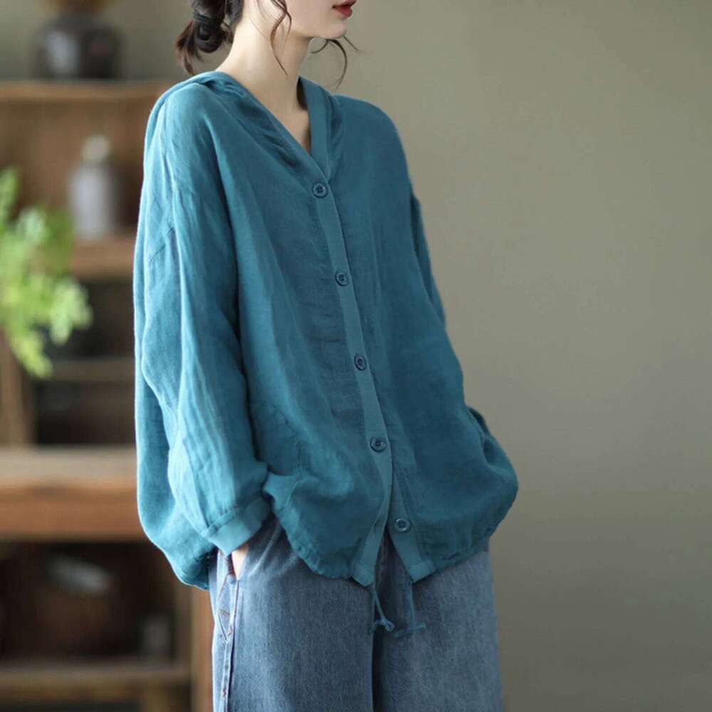 Hooded Button-Up Shirts for Women, Solid Cotton Long Sleeve Blouse, Spring and Autumn Tops, Loose Casual Shirt with Pocket, 2024