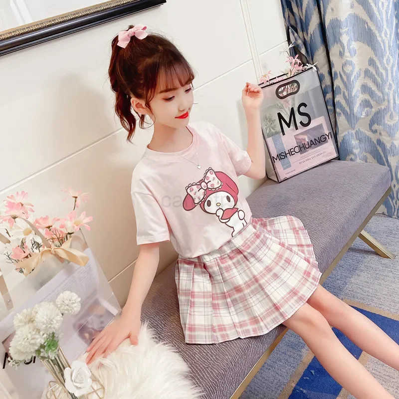 Sanrio 2024 Summer Childrens Clothes Kawaii Miniso My Melody Cinnamoroll Girl T-Shirt JK Plaid Pleated Skirt Anime Cartoon Uniform Set XJ250618XJ25061