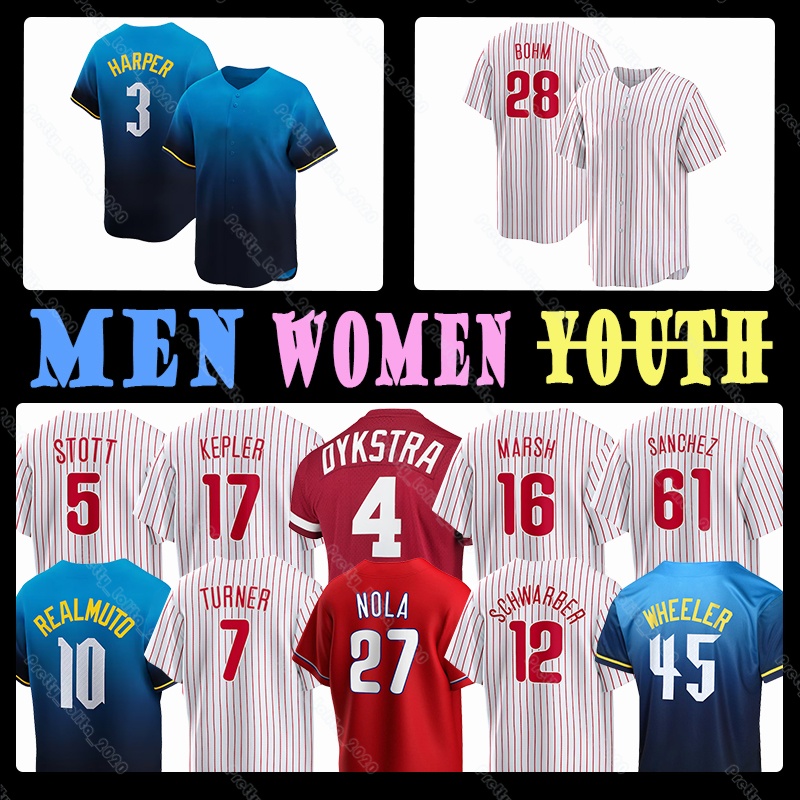 3 Bryce Harper Baseball Jersey 28 Alec Bohm 7 Trea Turner 27 Aaron Nola 12 Kyle Schwarber 8 Nick Castellanos 45 Zack Wheeler 5 Bryson Stott 17 Max Kepler Phillies