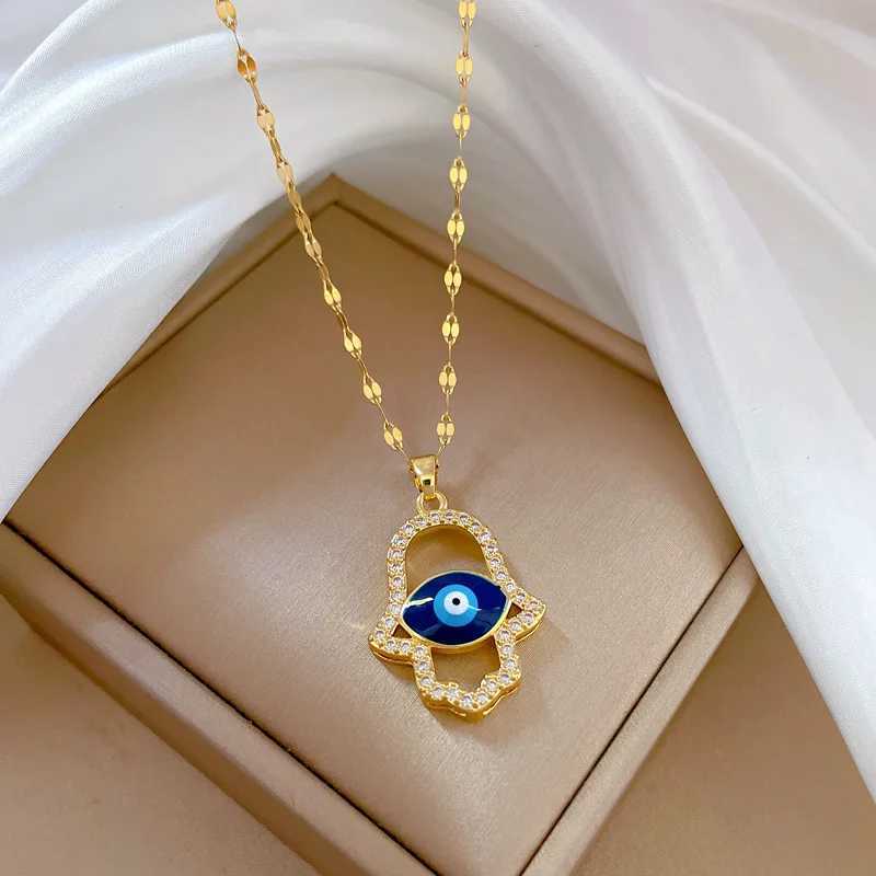 Cubic Zircon Blue Turkish Demon Eye Hamasa Hand Stainless Steel Hand of Fatima Necklace Women Jewelry collares mujer W250618