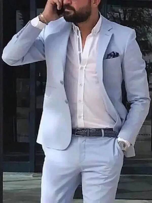 2 Piece2025 Custom Sky Blue Men's Suits Casual Summer Tuxedo Slim Fit Blazer Beach Wedding Jacket Set Tre Formal Para Hombre