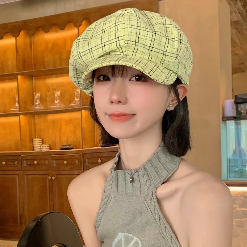 Ins Fresh Green Plaid Octagonal sboy Hats for Women Spring and Summer Show Face Small Retro Versatile Cloud Berets Cap 250604