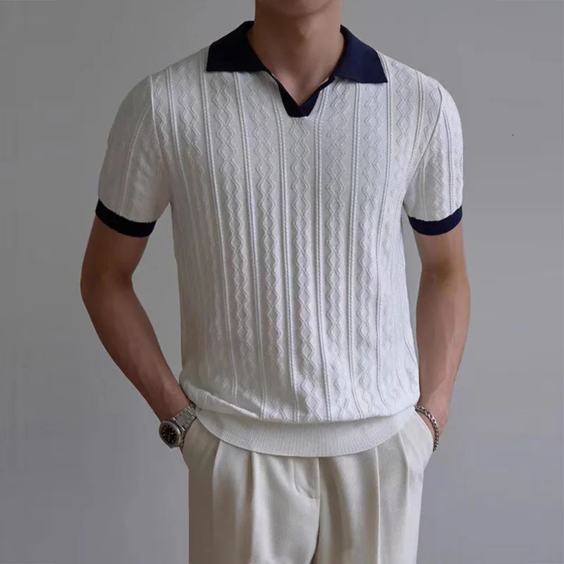 Summer Casual Mens Knitting Tops Vintage Slim Short Sleeve Polo Neck Shirts Men Daily Leisure Contrast Color Patchwork Polo 250618