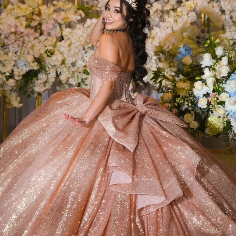 Customized Rose Gold Glittering Quinceanera Dresses Off Shoulder Beading with Bow Ball Gown Sweet 16 Prom Dress