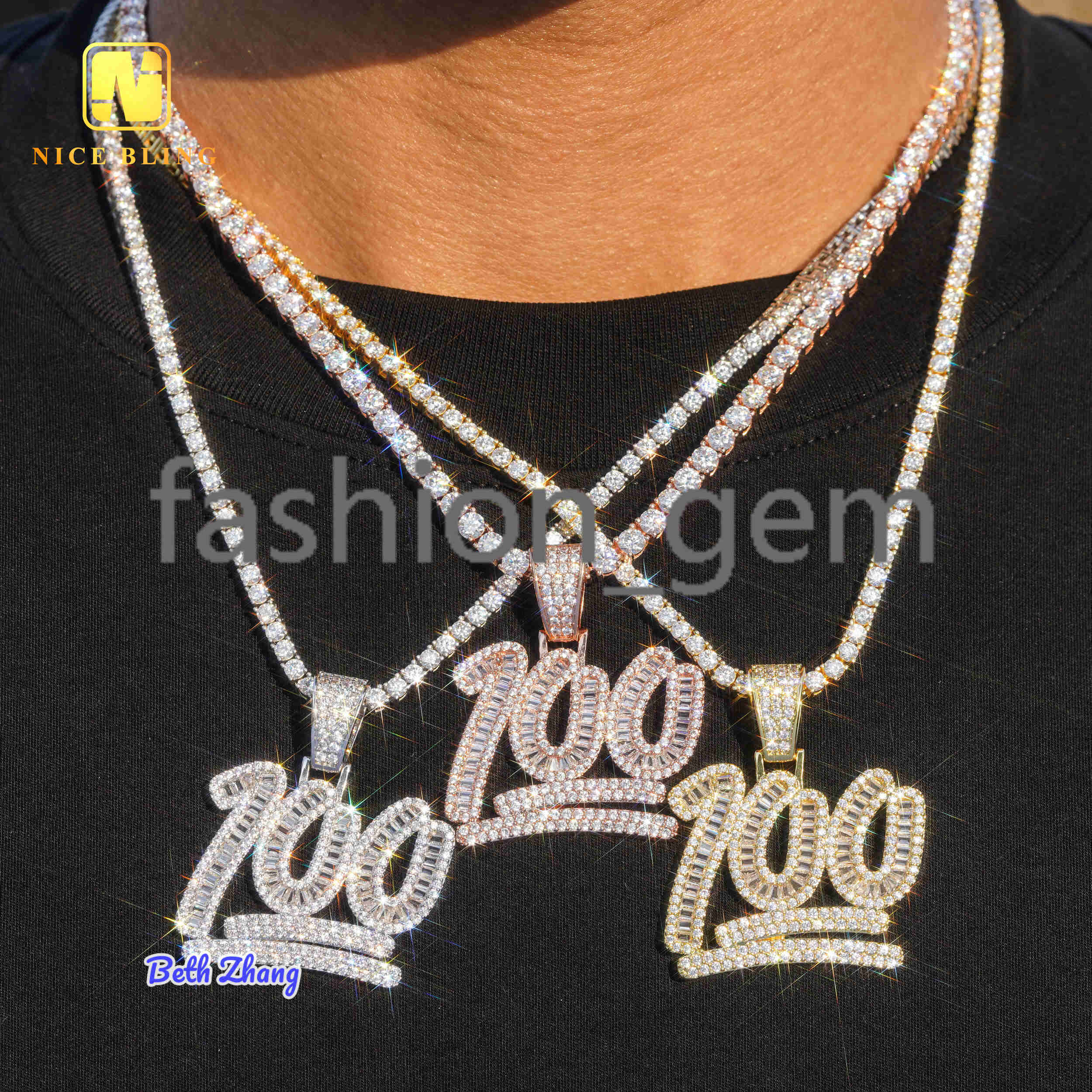 Pass Diamond Tester Custom Hip Hop Jewelry 100 Points Iced Out Number Pendant 925 Silver baguette Moissanite Diamond Pendant