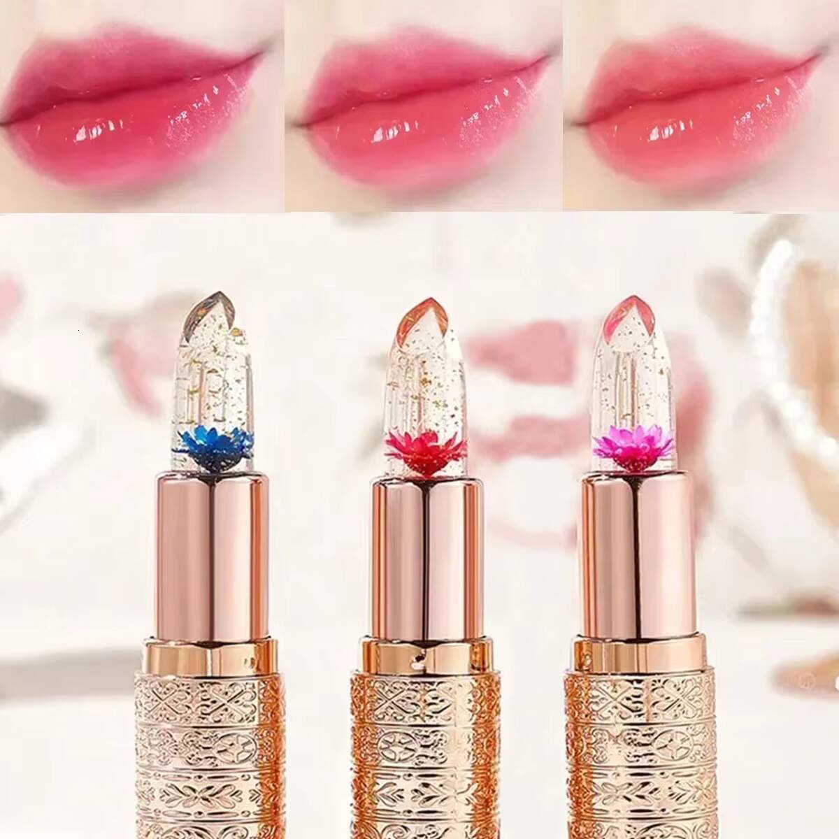 Temperature Color Changing Women Flower Lipstick Transparent Waterproof Moisturizing Crystal Jelly Pearlescent Lip Balm Cosmetic happy