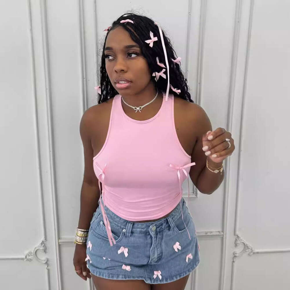 Summer New Slim Fit Fashion Solid Color Bowknot Girl Short Tank Crop Top B5