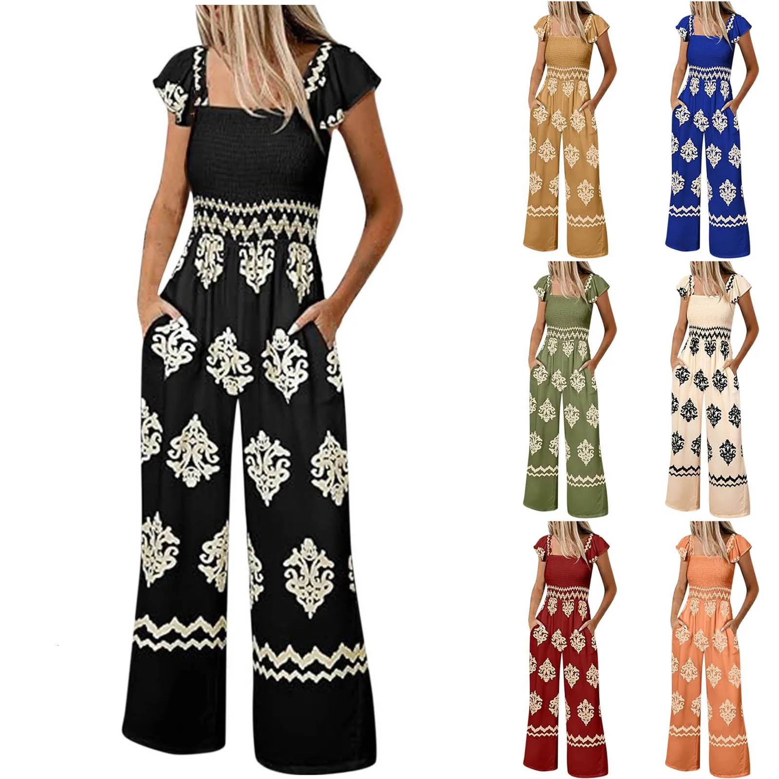 Womens Jumpsuit Bohemian Print Casual High Waist Wide Leg With Pocket for Women Jump Suit Overall 250617