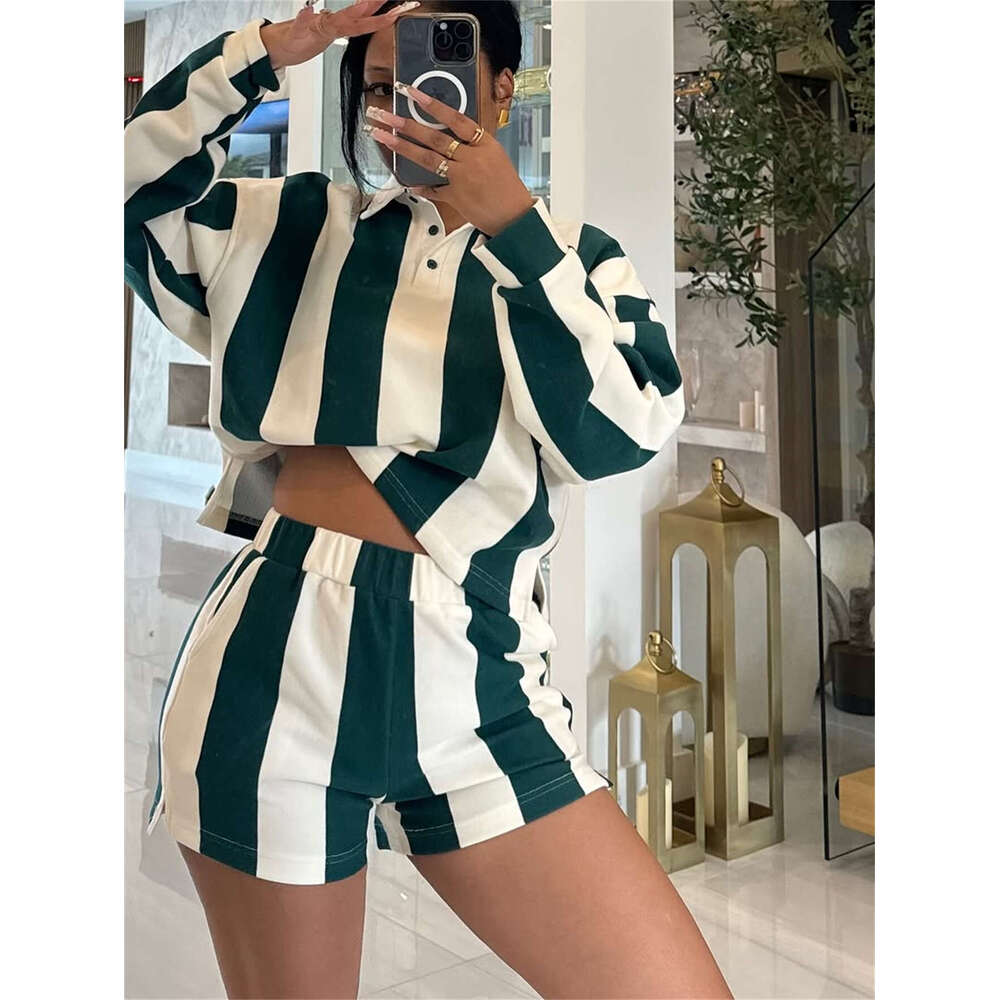 Spring New Women's Fashion Zebra Stripe Print Shirt Collar Long Sleeve Top Short Set B5