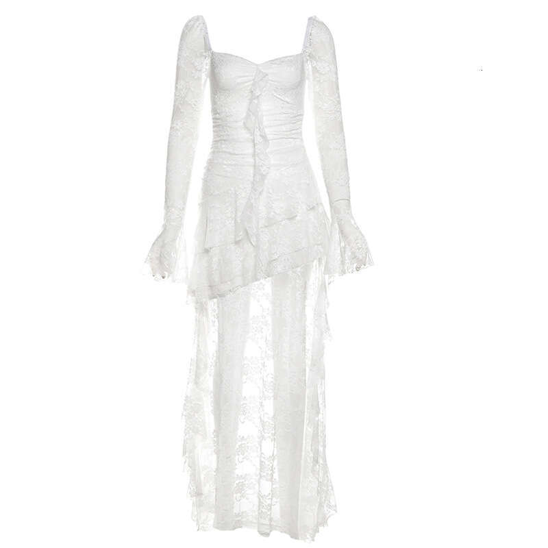 Autumn New Women's Solid Color High Waist Fashion Square Neck Long Sleeve Lace Patchwork Dress B5